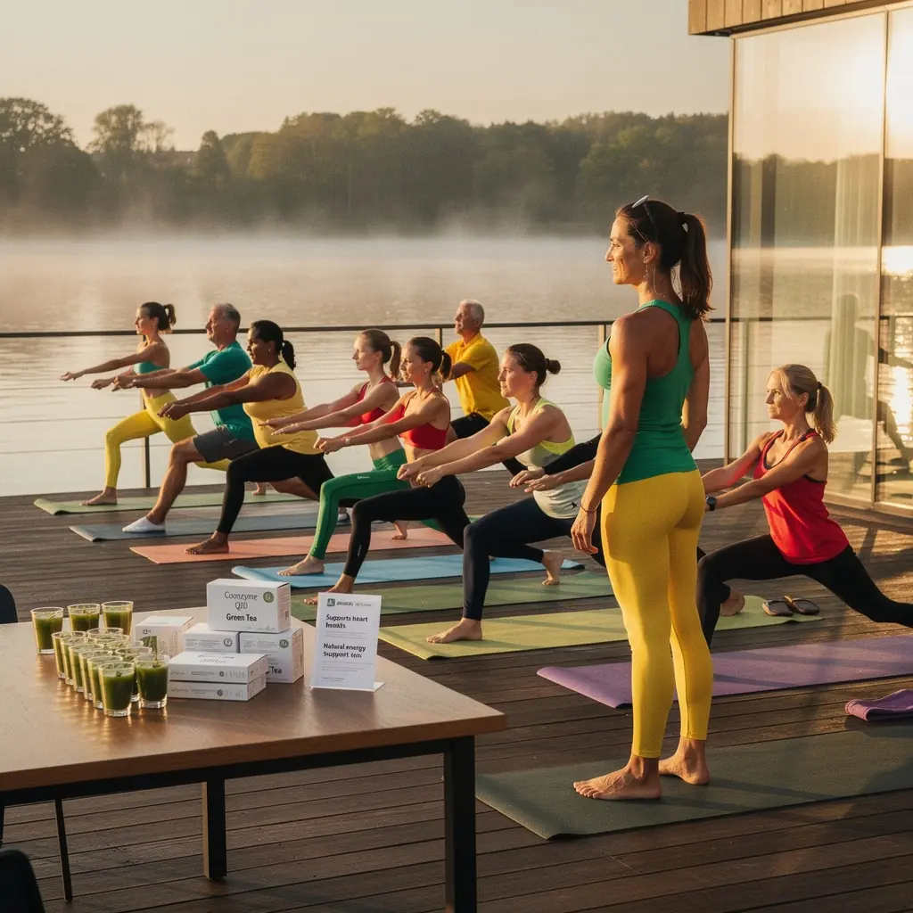 Dvi kofermento Q10 kapsulės ant stalo, šalia žaliosios arbatos puodelio.